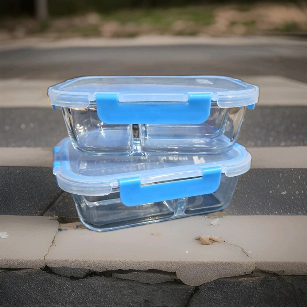 Fit Strong & Healthy Glass Containers 3 Compartments Micro Oven Safe Set Of 2